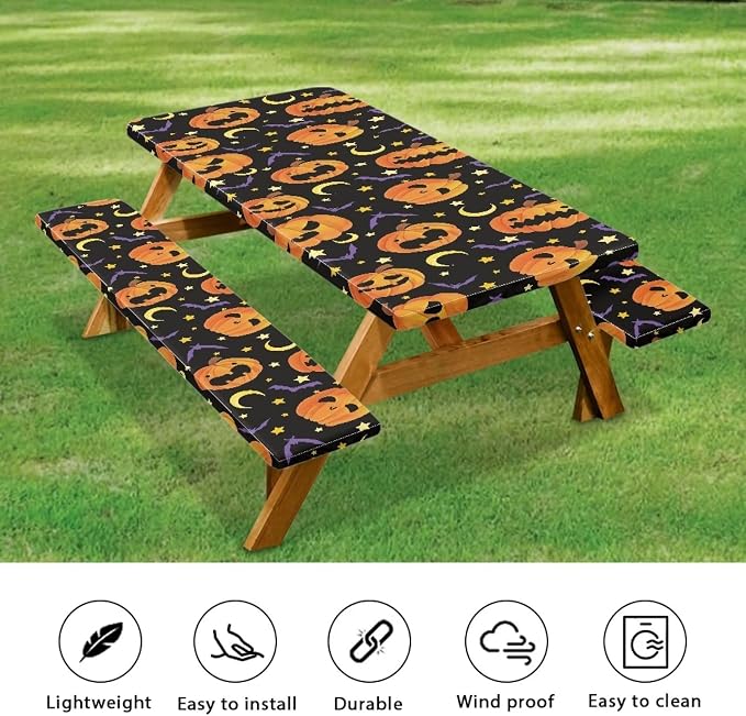 Picnic Table Cover with Bench Covers 3 PCS for Outdoor BBQ Camping Halloween Pumpkin Bat Camping Tablecloth with Elastic Band