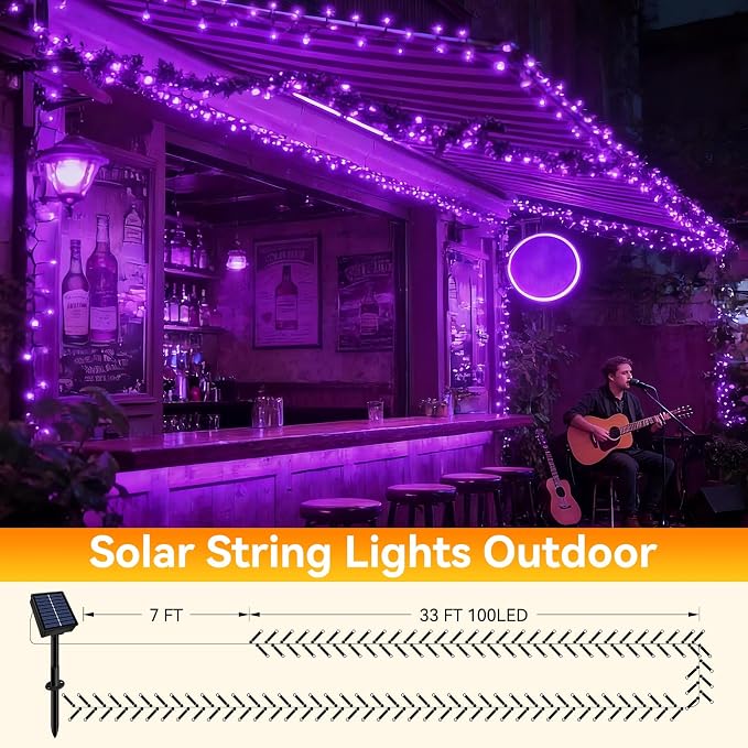 Solar String Lights Outdoor Waterproof 2 Pack Total 66ft 200LED Purple | 8 Modes Twinkle Lights Solar Fairy Lights for Patio, Garden Yard Party Wedding Tree Christmas Halloween Decoration