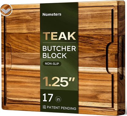 17 x 12 in Teak Cutting Board, Butcher Block with Juice Groove | 1.25” Thick Cutting Board for Meat and Brisket, End Grain Cutting Board for Party, Wood Cutting Board for Carving