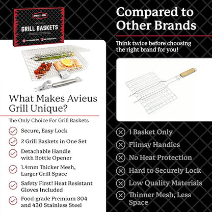 AVIEUS GRILL Grill Baskets for Outdoor Grill | 2 Grilling Baskets with Detachable Handle | Barbecue Grill Set with BBQ Gloves | Portable Camping Net Rack Perfect for Vegetables, Seafood & Meat