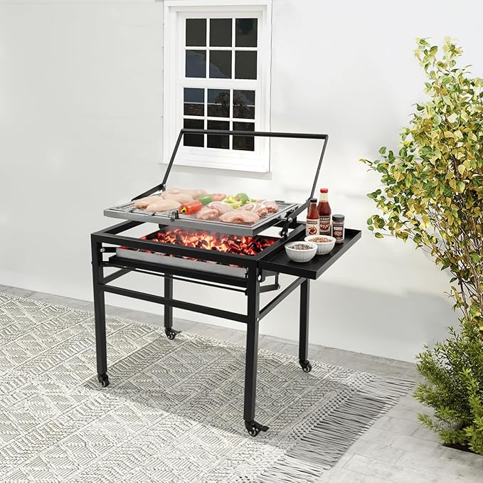 360° Rotating BBQ Charcoal Grill with Wheels, Movable Barbecue Grill Stand-up Detachable Portable Outdoor Charcoal Grill for Camping Garden Commercial Backyard, Heavy Duty Square, 23.6"x16.5" Grid