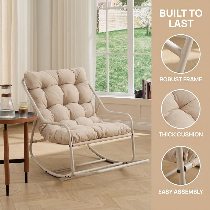 Outdoor Rocking Chairs, Metal Frame Outdoor Rocker with Footrest, Comfy Oversized Patio Chair with Thick Cushion, Reading Glider Lounge Chair for Living Room, Bedroom, Garden, Relax, Beige