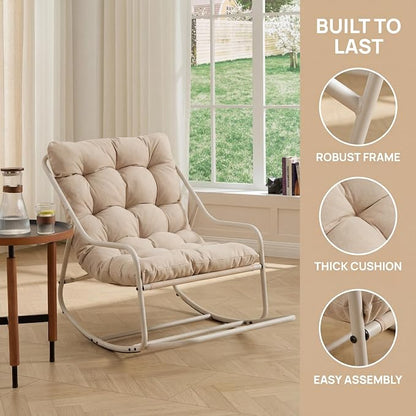Outdoor Rocking Chairs, Metal Frame Outdoor Rocker with Footrest, Comfy Oversized Patio Chair with Thick Cushion, Reading Glider Lounge Chair for Living Room, Bedroom, Garden, Relax, Beige