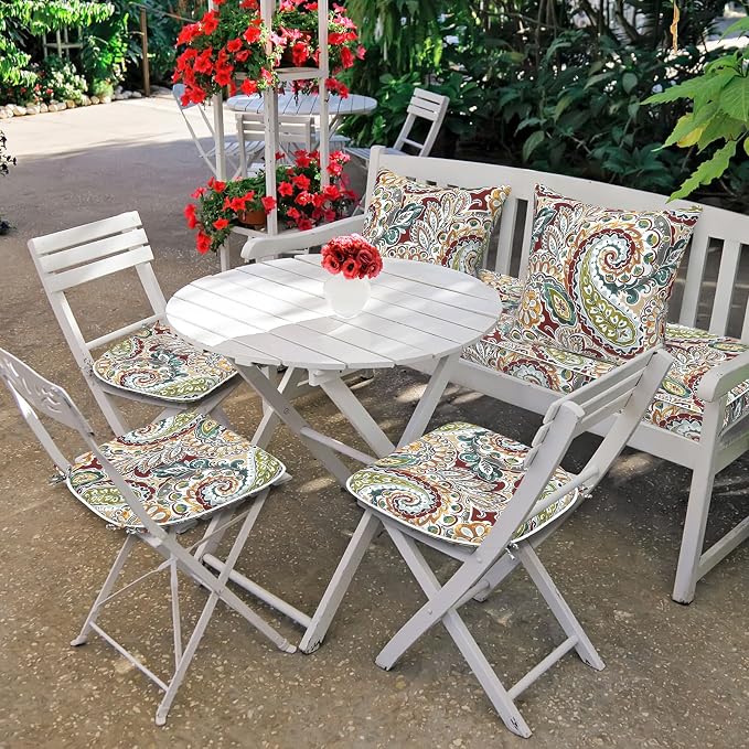 DYTXIII Set of 4 Outdoor Chair Cushions with Ties,Water Repellent Patio Chair Pads 17"x 16" for Outdoor Furniture,Round Corner Seat Cushions for Garden Yard Kitchen Paisley Chilli