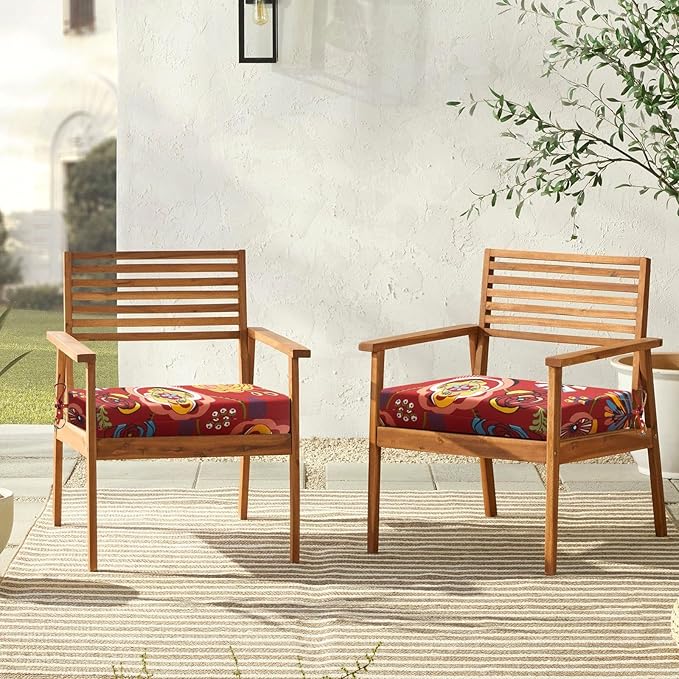 downluxe Outdoor Chair Cushions Set of 4 for Patio Furniture, Water-Resistant Square Corner Patio Chair Cushions with Ties, High Density Foam Outdoor Seat Cushion, 18.5" X 16" X 3", Sonia Scarlet