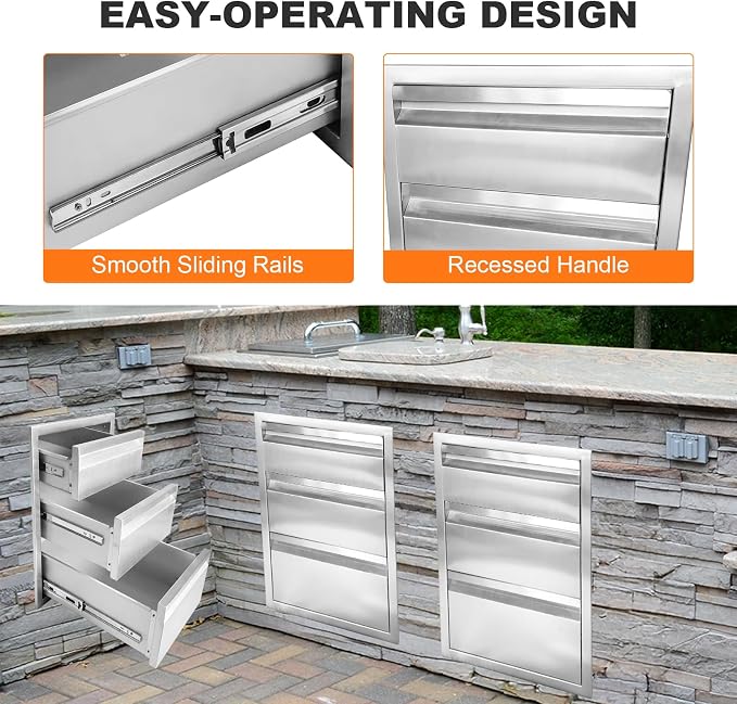 PioneerWorks 16" W x 21" H x 23" D Outdoor Kitchen Drawers, 3-Layer Outdoor Kitchen Access Drawer, Stainless Steel Built-in BBQ Drawer for Outdoor Kitchen Island, Patio Grill Station