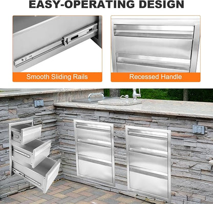 PioneerWorks 16" W x 21" H x 23" D Outdoor Kitchen Drawers, 3-Layer Outdoor Kitchen Access Drawer, Stainless Steel Built-in BBQ Drawer for Outdoor Kitchen Island, Patio Grill Station