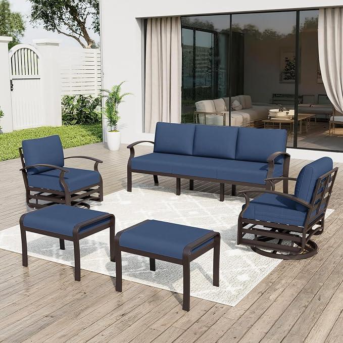 ALAULM Aluminum Patio Furniture Set with Swivel Chairs 7-seat Metal Outdoor Furniture Patio Sectional Sofas w/2 Ottomans for Porch, Backyard, Poolside-Dark Blue