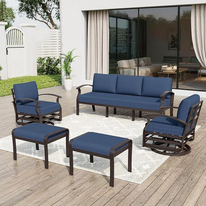 ALAULM Aluminum Patio Furniture Set with Swivel Chairs 7-seat Metal Outdoor Furniture Patio Sectional Sofas w/2 Ottomans for Porch, Backyard, Poolside-Dark Blue