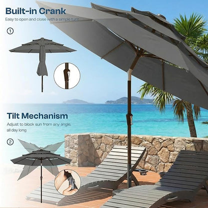 10ft Patio Umbrella, 3 Tier Outdoor Market Table Umbrellas with 8 Fiberglass Ribs and Push Button Tilt, Windproof, Vented Canopy, UV Protection for Deck, Pool, Backyard