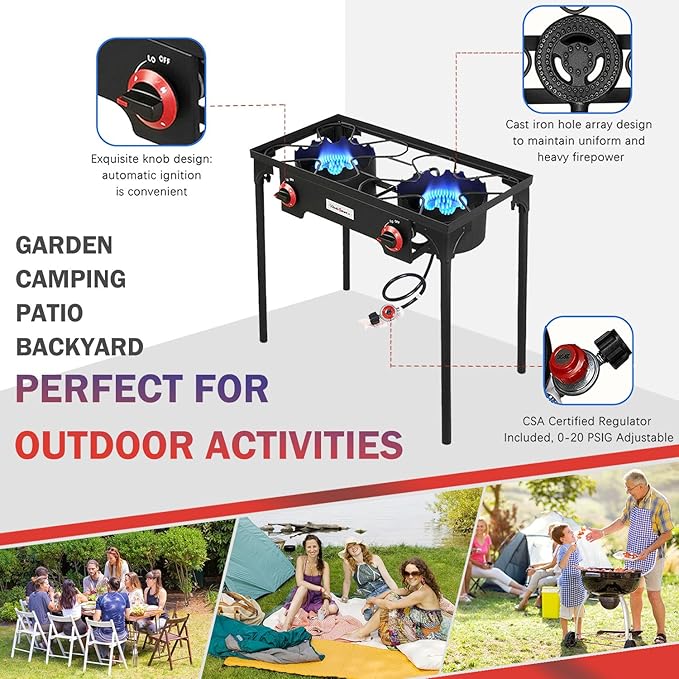VIVICREATE Propane Grill 2 Burner Outdoor Propane Stove Portable Gas Grill High Pressure Camping Stove Double Burner Cooker for Camping Backyard BBQ Outdoor Cooking