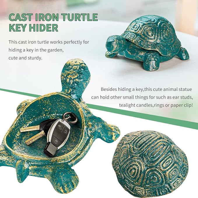Sungmor Cast Iron Turtle Key Hider – Heavy Duty Indoor Outdoor Spare Key Holder & Garden Decor, Antique Green Small Animal Statue for Porch, Shelf, Patio | Heavy Duty Small Animal Figurine for Porch Patio Shelf Indoor Outdoor Home Ornament