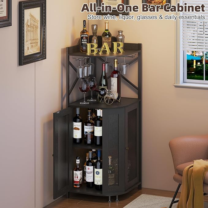 JKsmart 4-Tier Corner Bar Cabinet with LED Light and Glass Holder, Mini Bar | Industrial Liquor Cabinet with Door and Storage Shelf, Space-Saving Home Bar for Wine, Coffee and Entertaining, Black