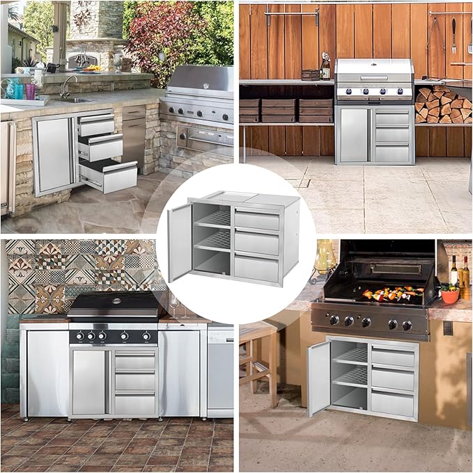 Outdoor Kitchen Drawer Combo Cabinet Stainless Steel Triple Drawers & Access Door, 28" W x 22" H x 19.5" D, Multi-Layer Design with Partition, Perfect for BBQ Grill Station