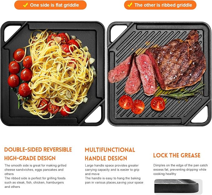 GGC Cast Iron Reversible Griddle | Double-sided Griddle Pan for Stove Tops and Gas Grills, 10"x 10" Square Baking Flat and Ribbed Griddle for Camping stoves