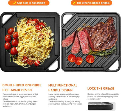 GGC Cast Iron Reversible Griddle | Double-sided Griddle Pan for Stove Tops and Gas Grills, 10"x 10" Square Baking Flat and Ribbed Griddle for Camping stoves