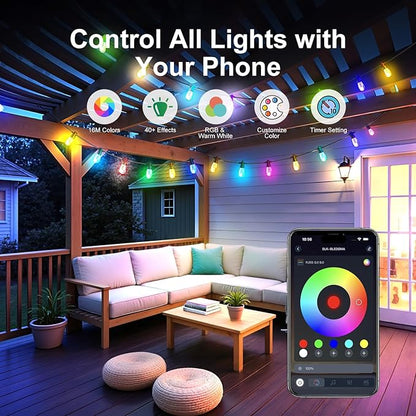 Outdoor String Lights 121ft, Patio Lights with 20 Dimmable LED Bulbs, RGBW & Warm White, IP67 Waterproof, Shatterproof, APP & Remote Control, Color Change, Customizable Colors for Backyard Decor