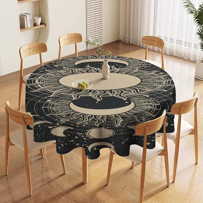 Vintage Tarot Round Tablecloth Boho Mystical Astrologer Zodiac Full Moon Phases Star Galaxy Space Table Cloth Water Resistant Wipeable Table Cover for Picnic Party Holiday Kitchen Dinner Table 36"