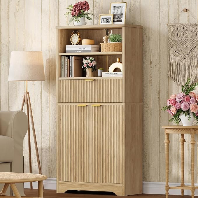 Tall Storage Cabinet with Adjustable Shelf & Drawer, Fluted Cabinet with Doors, Kitchen Pantry Cabinets, Bathroom Storage Cabinets, for Living Room, Entryway, Home Office, Natural