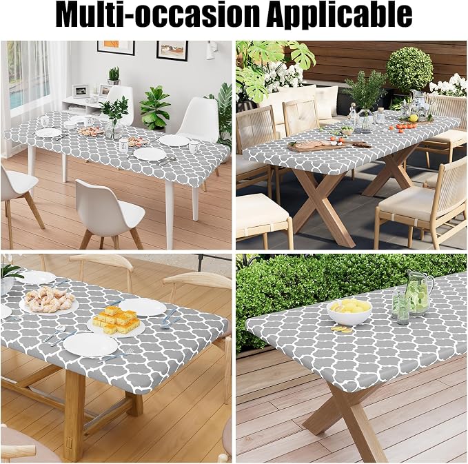 Smiry Picnic Fitted Table Cover, 8 Foot Flannel Backed Vinyl Tablecloth | Waterproof Elastic Stretch Table Cloth, Wipeable Plastic Tablecloth for Camping, Indoor & Outdoor (Light Grey, 30" x 96")