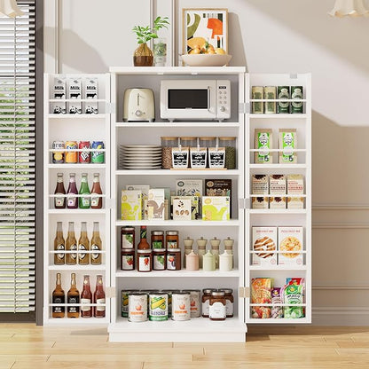 47in Kitchen Pantry Cabinet, Wood Kitchen Storage Pantry Cabinets Freestanding Pantries Cabinets with Doors & Adjustable Shelves, White