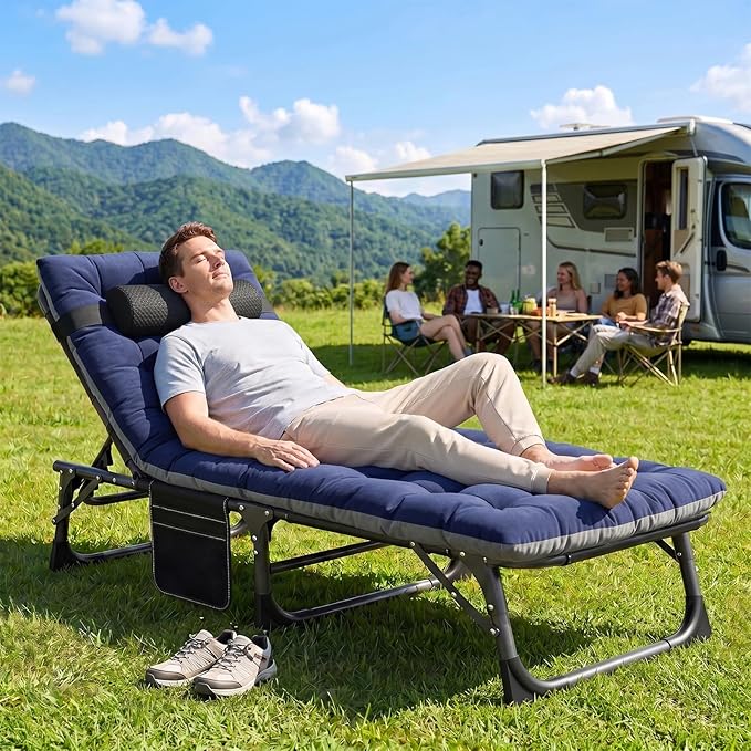 ABORON 3-in-1 Folding Patio Lounge Chair, 440LB Heavy-Duty Tri-Fold Guest Bed with Plush Cotton Cushion, No Assembly Adjustable Recliner for Office Nap, Patio Sunbathing, Poolside & Camping