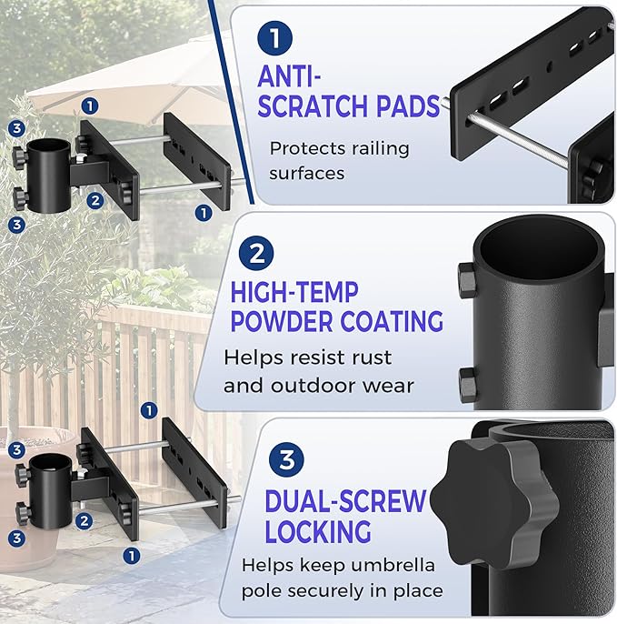 Patio Umbrella Clamp for Deck Rail, Patio Umbrella Holder for Deck Railing, Deck Umbrella Mount, Umbrella Attached to Deck Railing, Adjustable Vertical/Horizontal Mounting – 2 Independent Sleeves