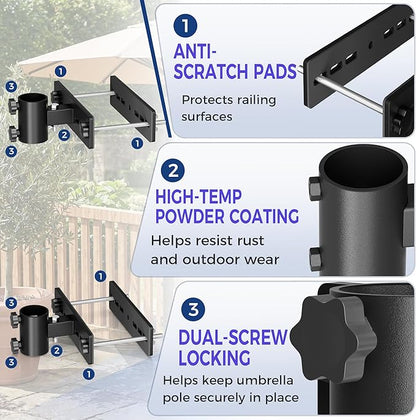 Patio Umbrella Clamp for Deck Rail, Patio Umbrella Holder for Deck Railing, Deck Umbrella Mount, Umbrella Attached to Deck Railing, Adjustable Vertical/Horizontal Mounting – 2 Independent Sleeves