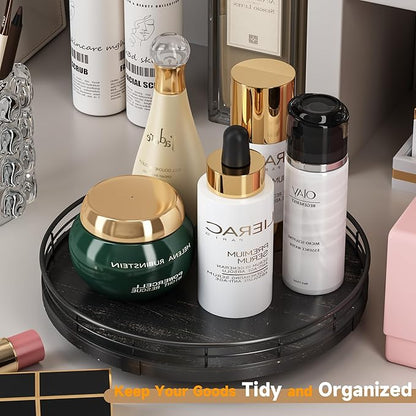 AMH 10-Inch Oak Lazy Susan Vanity Tray with Black Brushed Gold Rail | Smooth rotating oak tray with walnut finish for dining tables, kitchen counters, pantries and cabinet storage.