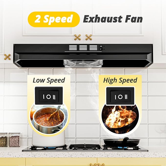 FIREGAS Black Range Hood 36 inch Under Cabinet, Ducted/Ductless Convertible Kitchen Hood, Black Painted Stainless Steel Vent Hood with LED Light,2 Speed Exhaust Fan