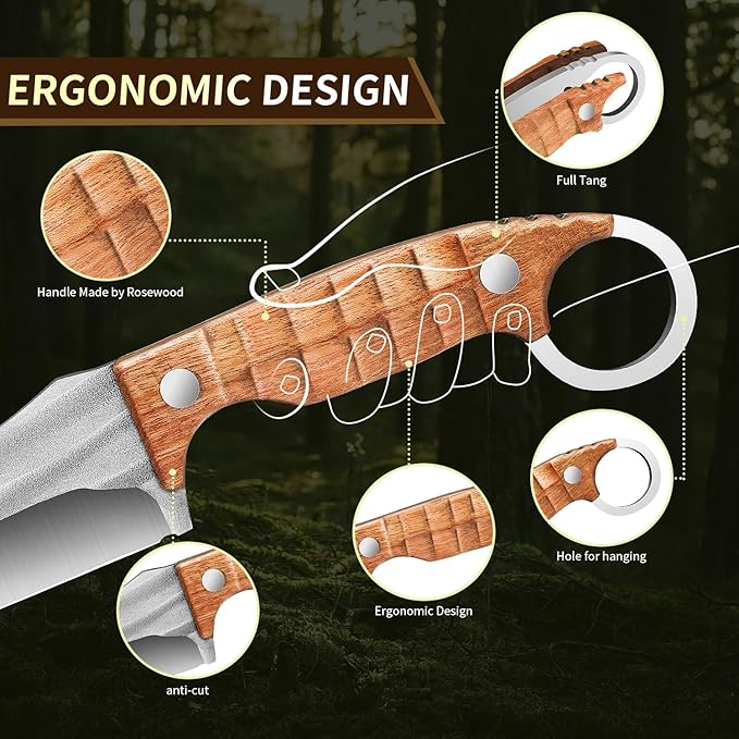 Plys 3-Piece Fixed Blade Hunting Knife Set, 420J2 Stainless Steel Full Tang Survival Knives, Rosewood Non-Slip Handle, Outdoor Camping Hiking Kitchen Knife Not Sheath