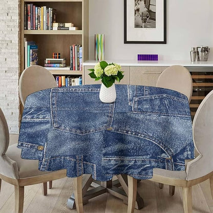 Denim Patchwork Print Style Round Tablecloth, Fashionable Denim Pattern Design (Not Denim Fabric) Water Resistant Table Cover for Farmhouse Picnic Party Holiday Kitchen Dinner Table 70"