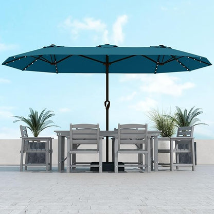 Kingdura 15ft Large Patio Umbrella with Solar Lights, Double-Sided Rectangle Outdoor Table Umbrella with Base Included, 12 Reinforced Ribs, 48 Led Lights, Crank Lift for Market Pool Deck, Lake blue