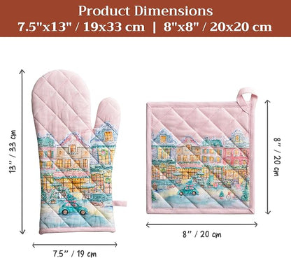 Maison d' Hermine 100% Cotton Oven Mitt & Pot Holder Set (7.5"x13" & 8"x8") | Heat Resistant BBQ Cooking Gloves with Loop Baking Kitchen Home Farmhouse Thanksgiving Christmas - Christmas Market - Pink