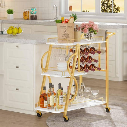 Bar Cart, Gold Bar Carts for The Home, Serving Cart with Wine Glass Holder, 3-Tier Drink Carts with Wheels, Rolling Beverage Trolley for Kitchen, Dining, Living Room (Gold & Marbleized White)