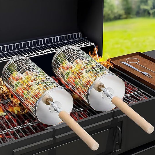Rolling Grill Basket Round Shaped with Removable Wooden Handle, 304 Stainless Steel, Nesting Grilling Net, BBQ Accessories Tools for Vegetables Shrimp, Outdoor Cooking Camping Gift