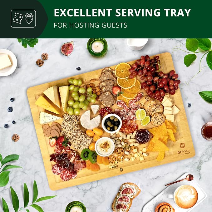 ROYAL CRAFT WOOD Bamboo Cutting Boards for Kitchen -Kitchen Chopping Board for Meat (Butcher Block) Cheese and Vegetables | Wooden Cutting Board Heavy Duty Serving Tray with Handles (XXXL, 24" x 18")