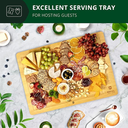 ROYAL CRAFT WOOD Bamboo Cutting Boards for Kitchen -Kitchen Chopping Board for Meat (Butcher Block) Cheese and Vegetables | Wooden Cutting Board Heavy Duty Serving Tray with Handles (XXXL, 24" x 18")
