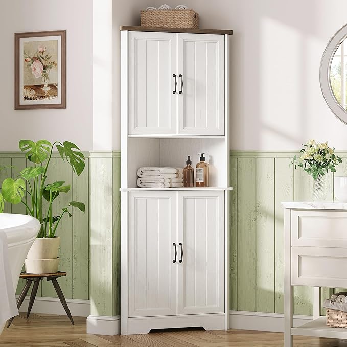 Vabches Tall Corner Cabinet, Corner Bathroom Cabinet, 67" Farmhouse Storage Cabinet with 4 Doors and Adjustable Shelves, Home Space Saver for Bathroom, Kitchen, Living Room, Pantry, Distressed White