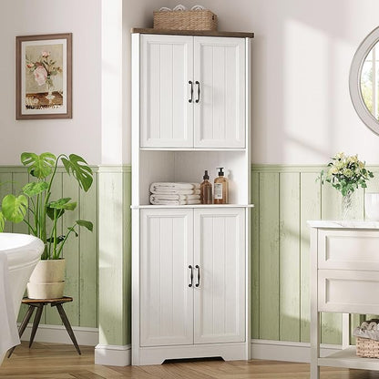 Vabches Tall Corner Cabinet, Corner Bathroom Cabinet, 67" Farmhouse Storage Cabinet with 4 Doors and Adjustable Shelves, Home Space Saver for Bathroom, Kitchen, Living Room, Pantry, Distressed White