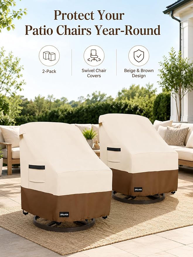 ANartcle Outdoor Swivel Lounge Chair Cover 2 Pack,Waterproof Heavy Duty Lawn Patio Chair Covers,Patio Swivel Chair Covers for Outdoor Furniture (33 W x 35 D x 38.5 H inches)Beige&brown