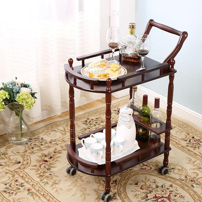 Bar Cart, Home Bar Service Cart with Wheels, 2-Layer Wine Mobile Trolley, Solid Wood Storage Rack with Bottle Rack, Mobile Food Cart Suitable for Home, Bar, Beauty Shop (Brown)