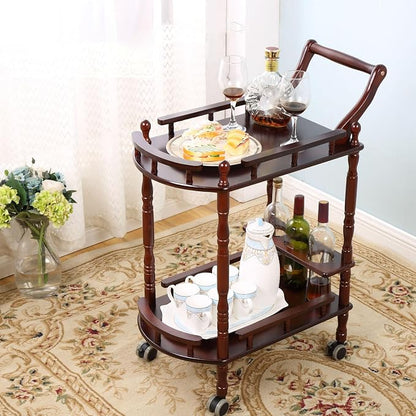 Bar Cart, Home Bar Service Cart with Wheels, 2-Layer Wine Mobile Trolley, Solid Wood Storage Rack with Bottle Rack, Mobile Food Cart Suitable for Home, Bar, Beauty Shop (Brown)