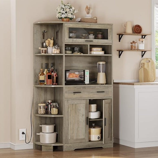 DWVO 67" Farmhouse Kitchen Pantry Cabinet with Storage Cabinet, Ash Gray | Coffee Bar & Charging Station, Buffet Sideboard, Microwave Stand, Hutch Cupboard for Dining Room Kitchen Living Room