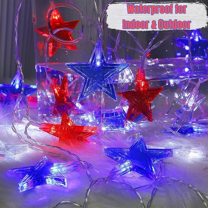 July 4th Red Blue and White Star Lights, 40LED 19FT Patriotic String Lights with Stars Battery Operated, 8 Lighting Modes & Timer, Waterproof Outdoor Independence Day Memorial Day Holiday Party Decor