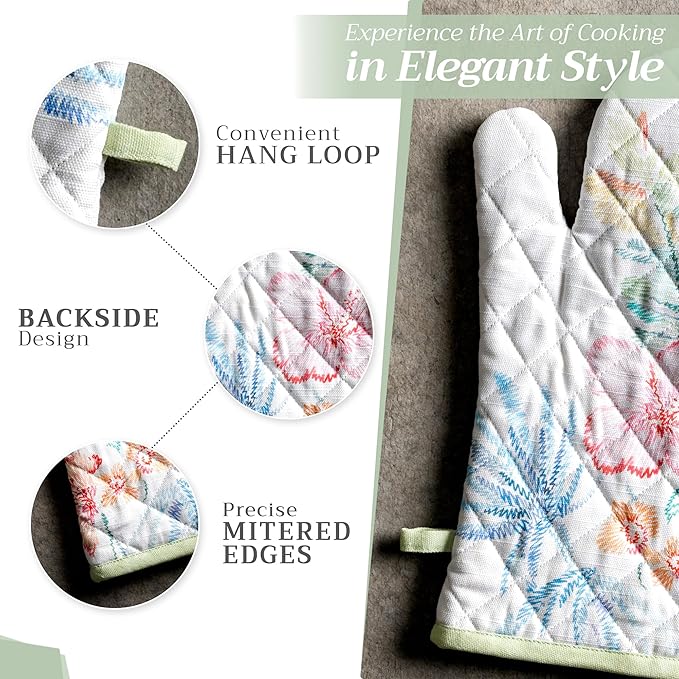 Maison d'Hermine Oven Gloves 100% Cotton Oven Mitt 7" x 13" with Loop Heat Resistant BBQ Cooking Gloves Baking Grilling Kitchen Hotel Home Farmhouse Spring Summer (Pack of 1, Paradise Island)