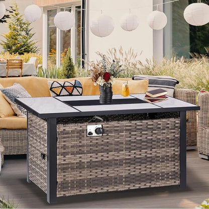 OutVue 47" Propane Fire Pit Table with Real Ceramic Tabletop & Ratten Side Panel, 50000 BTU Gas Firepit Table with Lid & Lava Stones, Outdoor Fire Pit for Dining or Party, Firepit for Outside, Patio