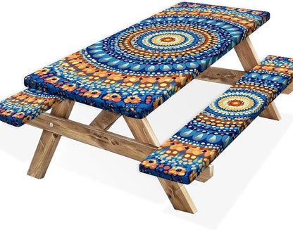 Picnic Table Cover with Bench Covers and Bag, Camping Essentials, Waterproof Windproof Camping Tablecloth, Fitted Tablecloth Cover with Elastic Edge for Indoor Outdoor 3 PCS 30x60 Inch
