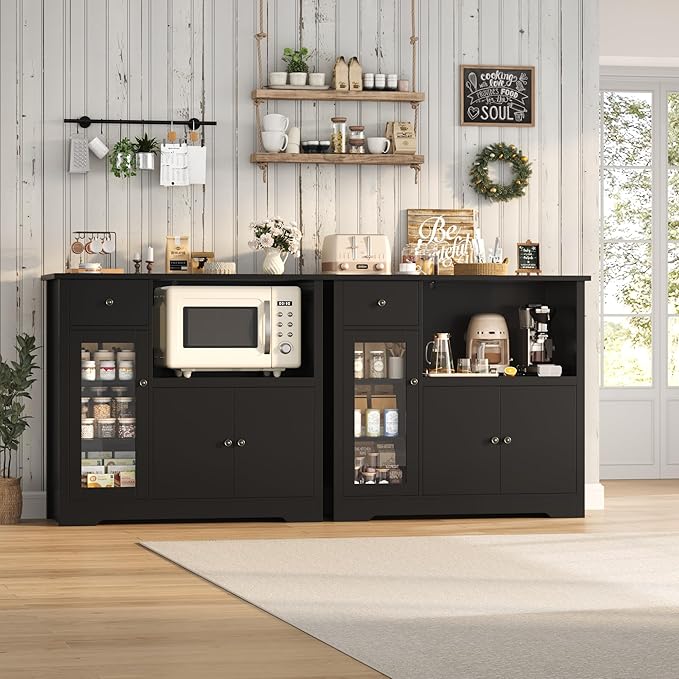 HORSTORS Microwave Cabinet, Kitchen Storage Cabinet with 3 Doors and 1 Drawer, Buffet Sideboard with Adjustable Shelves, Microwave Stand for Kitchen, Dining Room, Black