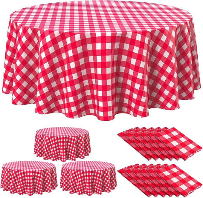 Disposable Checkered Tablecloth Round Plastic Buffalo Plaid Table Cloth 84'' Gingham Tablecover for Picnic Camping BBQ Graduation Party(Red White,12 Pieces)